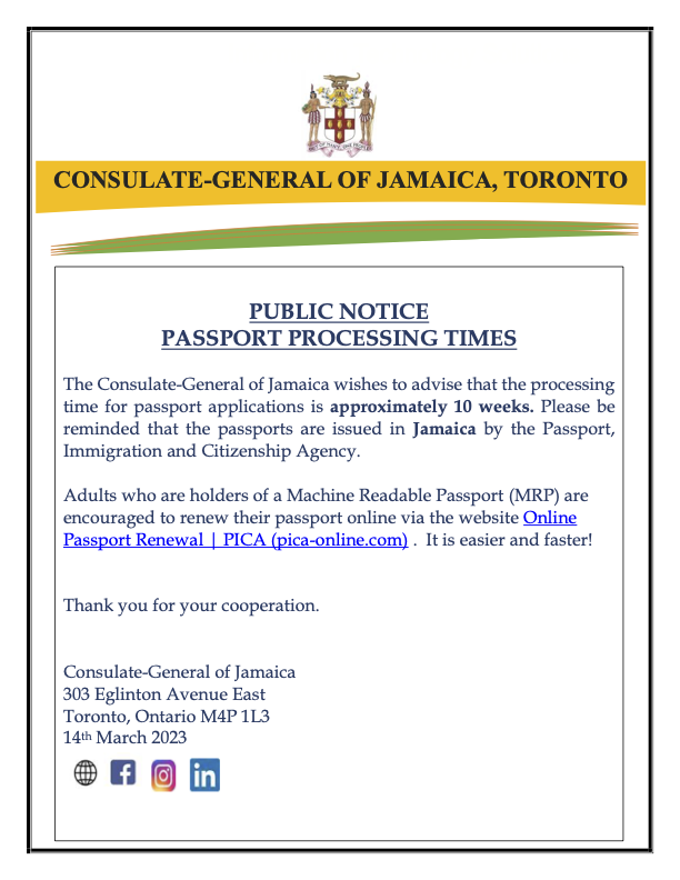 Home Consulate General Of Jamaica   Public Notice Passport Processing Times 14 03 2023 